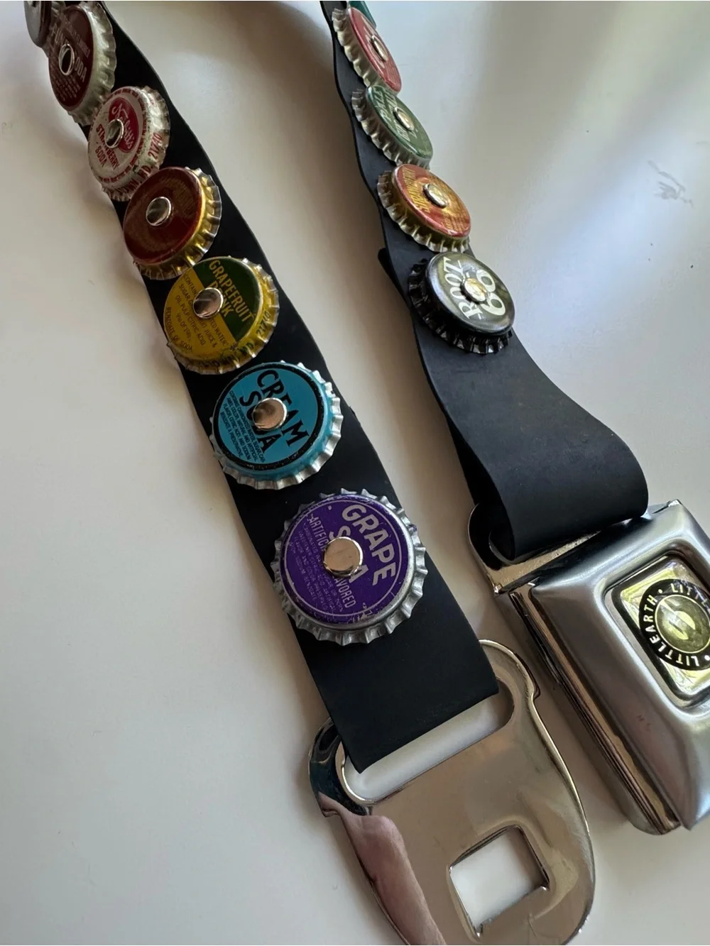 Vintage Y2K LittlEarth Black Seatbelt Belt with Soda Pop Caps Womens 28” S